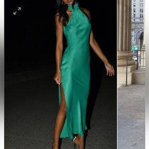 CLAIRE Satin Drape Back Maxi Dress with Split - Green